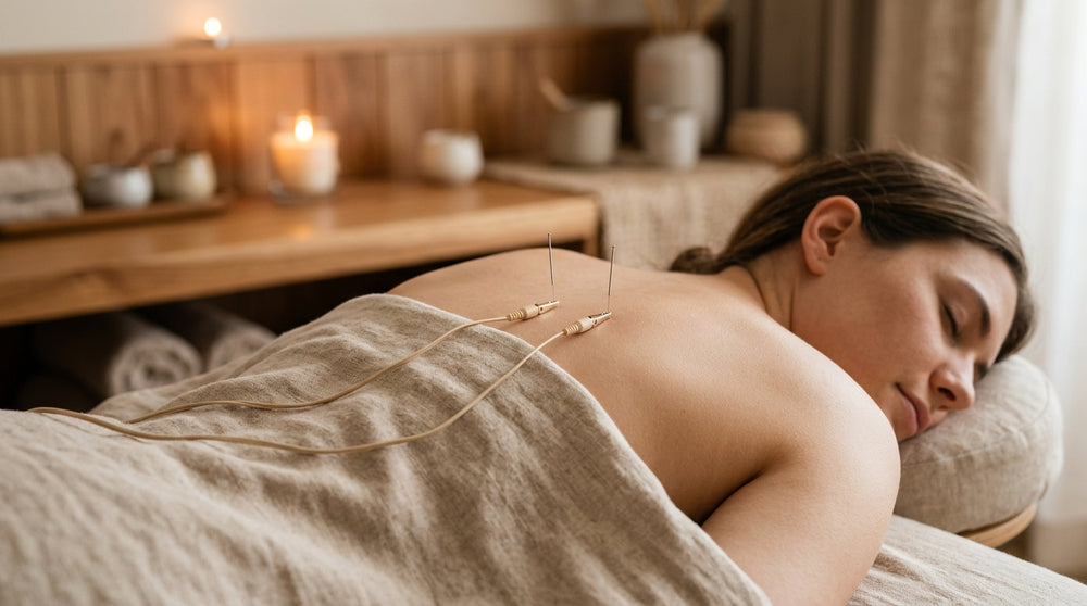Gentle Electrical Acupuncture with two cables in warm beige aesthetic Point and Flow Zurich